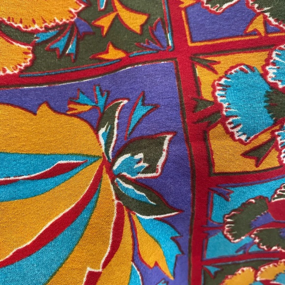 100% Silk Scarf with Gold, Purple, Green, Blue Flowers on Maroon - Picture 6 of 6